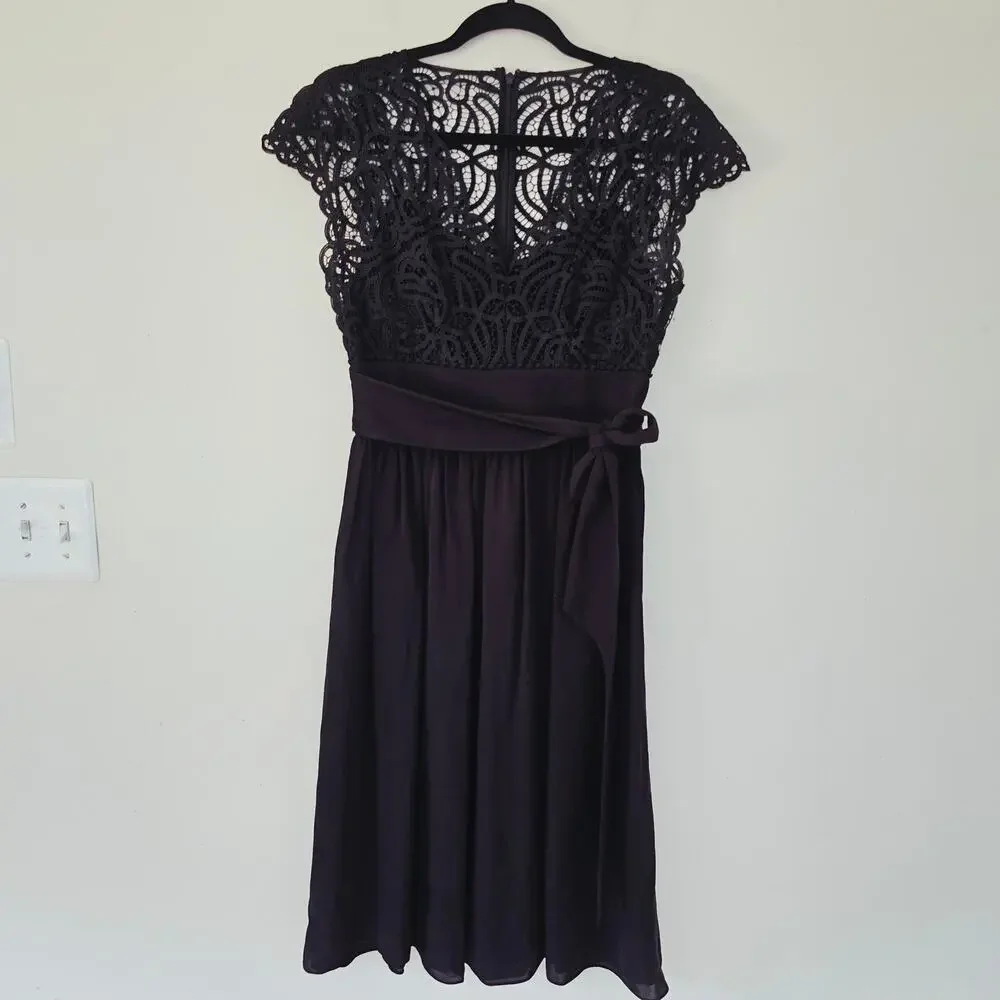 Kate Spade Macrame Black Lace Silk Midi Dress Belt Tie Women's Size 2
